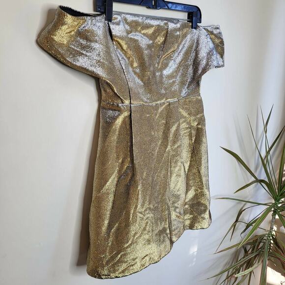 Sandro Metallic Off-the-Shoulder A-line Mini Dress - Gold - Picture 4 of 13